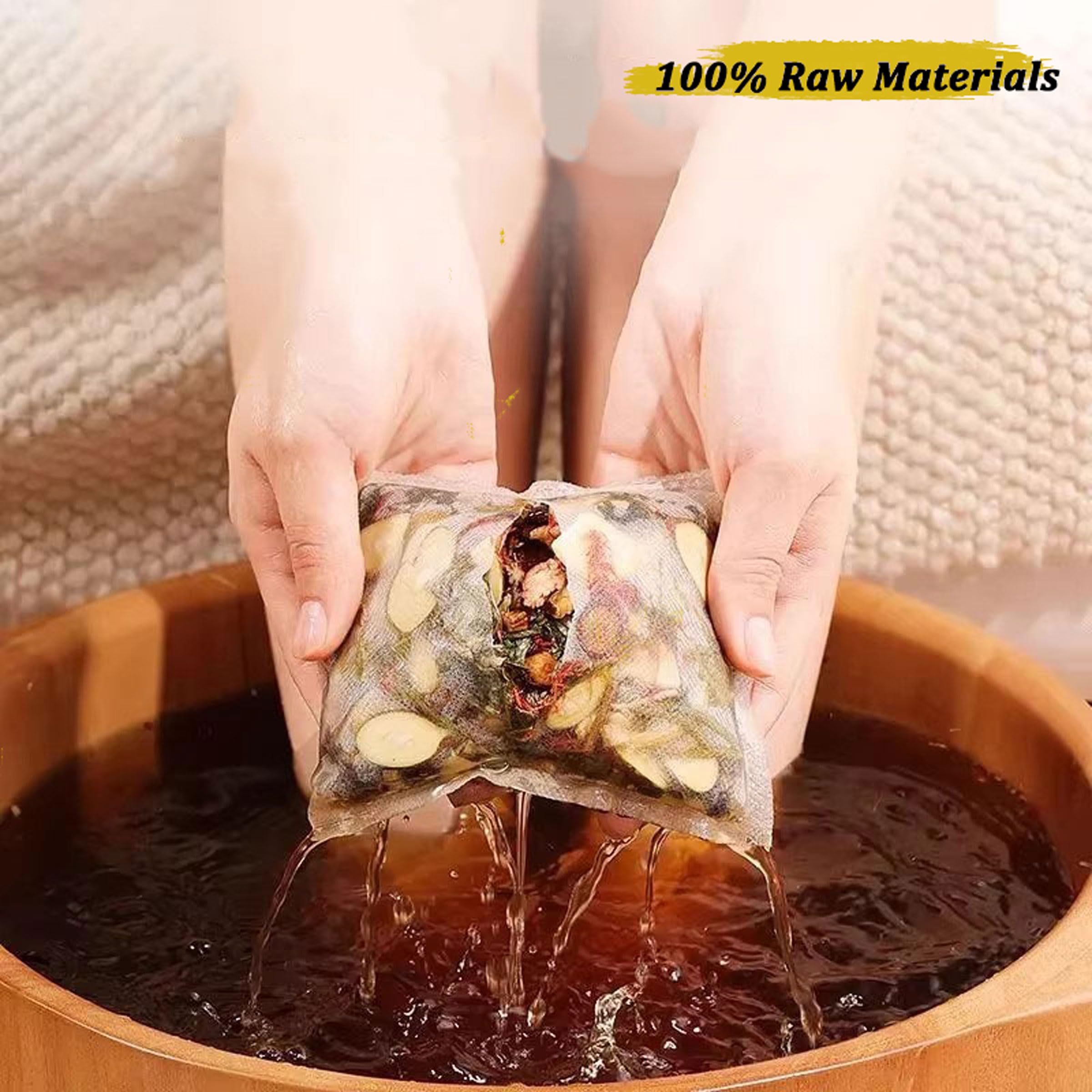 Person soaking feet in water with Skvskv herbal bag