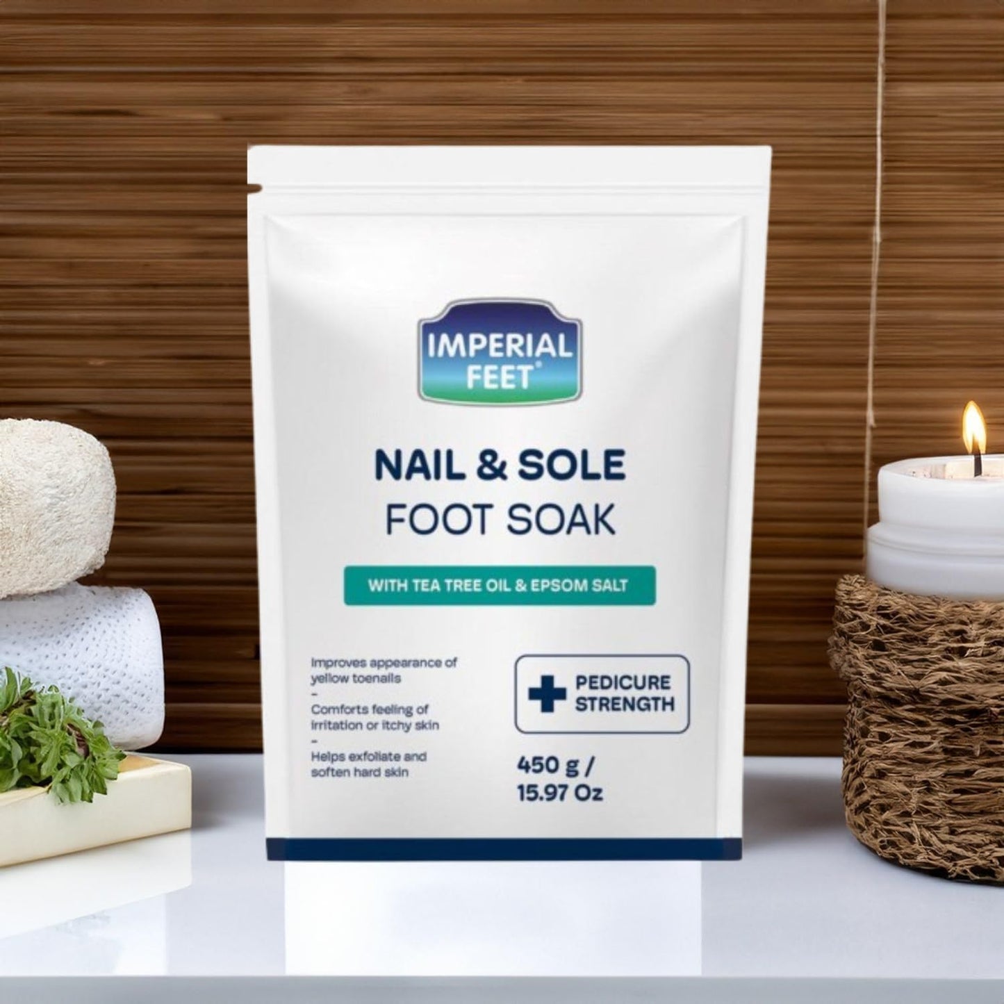 Application of Imperial Feet foot soak for callus removal