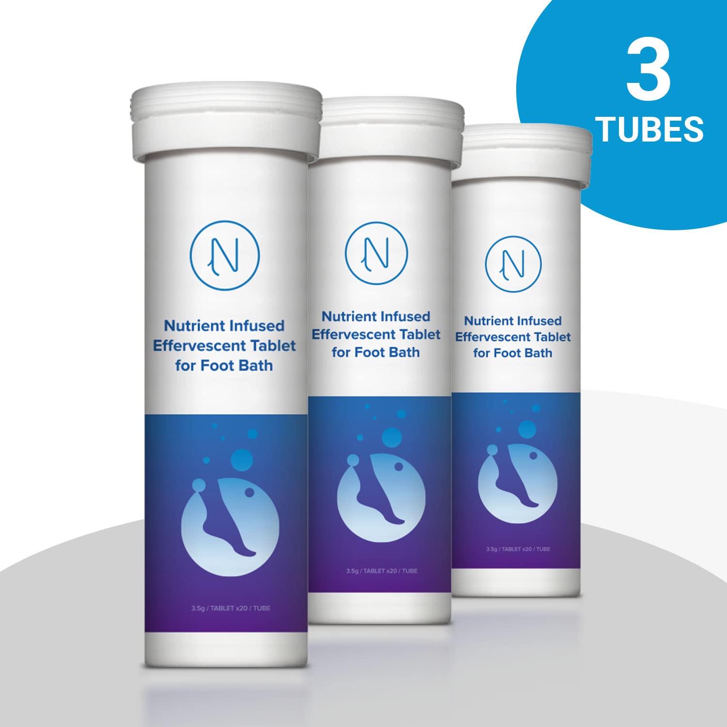 Three tubes of Nerve Spa nutrient infused foot bath tablets demonstrating anti swelling benefits.