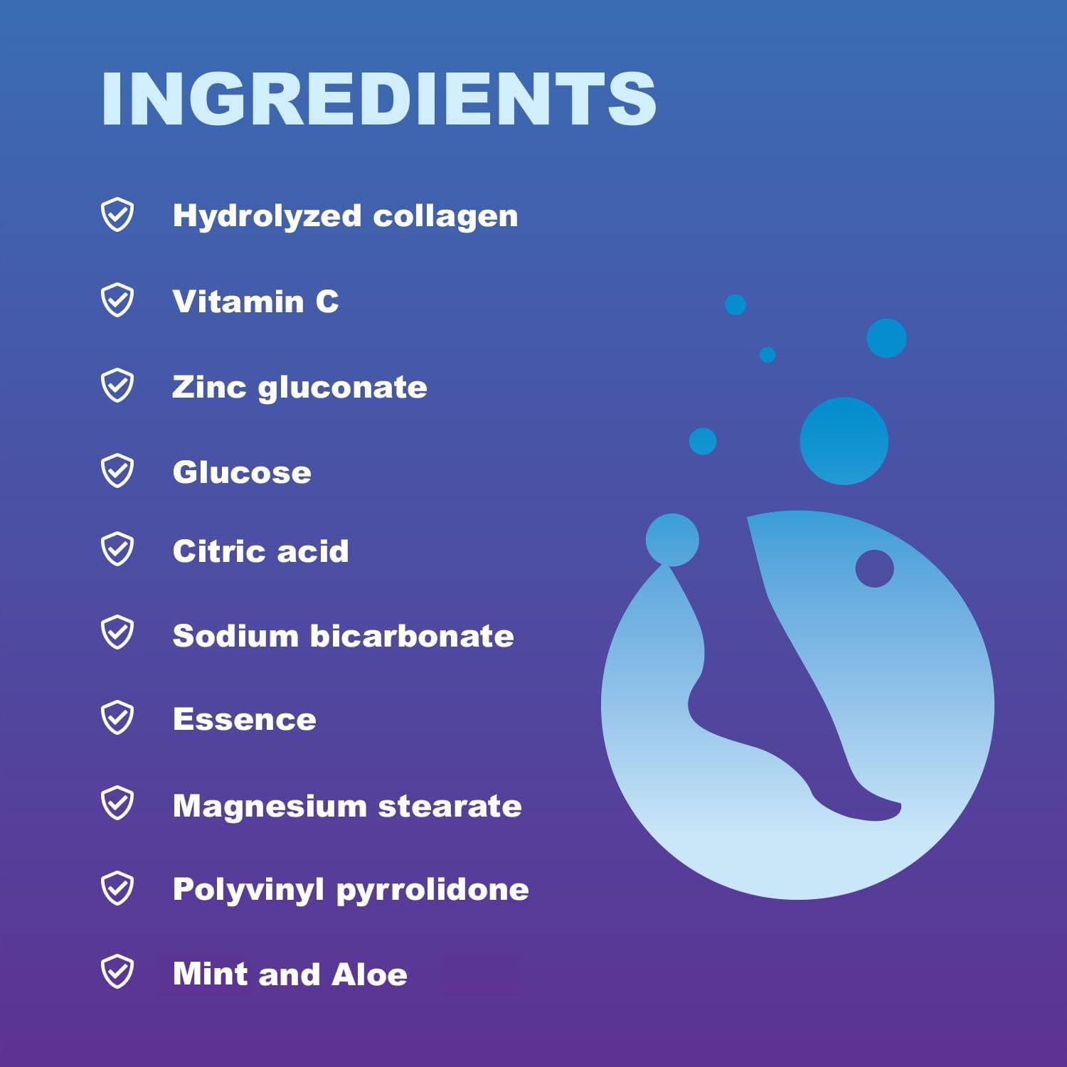 Back label of Nerve Spa tablets showing ingredients including mint collagen and vitamin c.