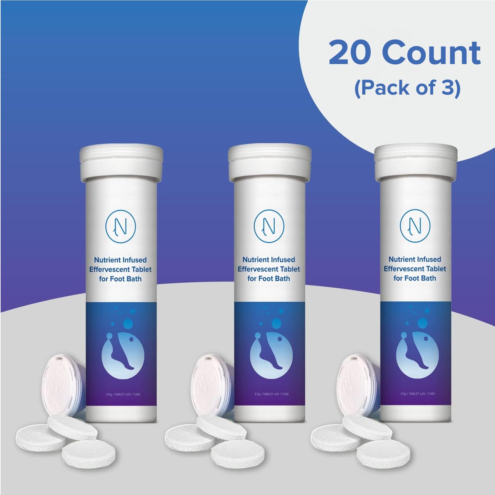 Product packaging showing twenty tablets per tube for therapeutic foot wellness.