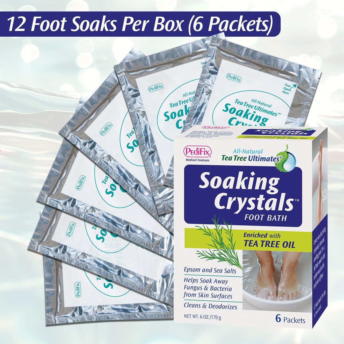 PediFix therapeutic foot soak packaging showing instructions for sore and tired feet relief