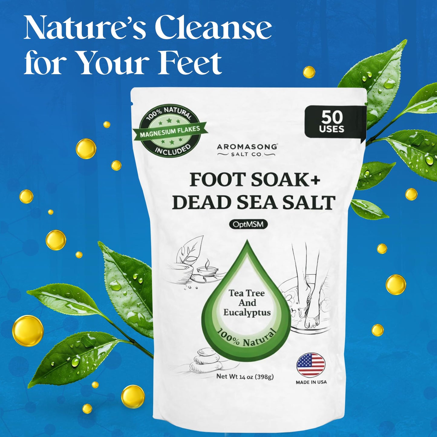 Aromasong Tea Tree Foot Soak 14 Ounce bag with text labels