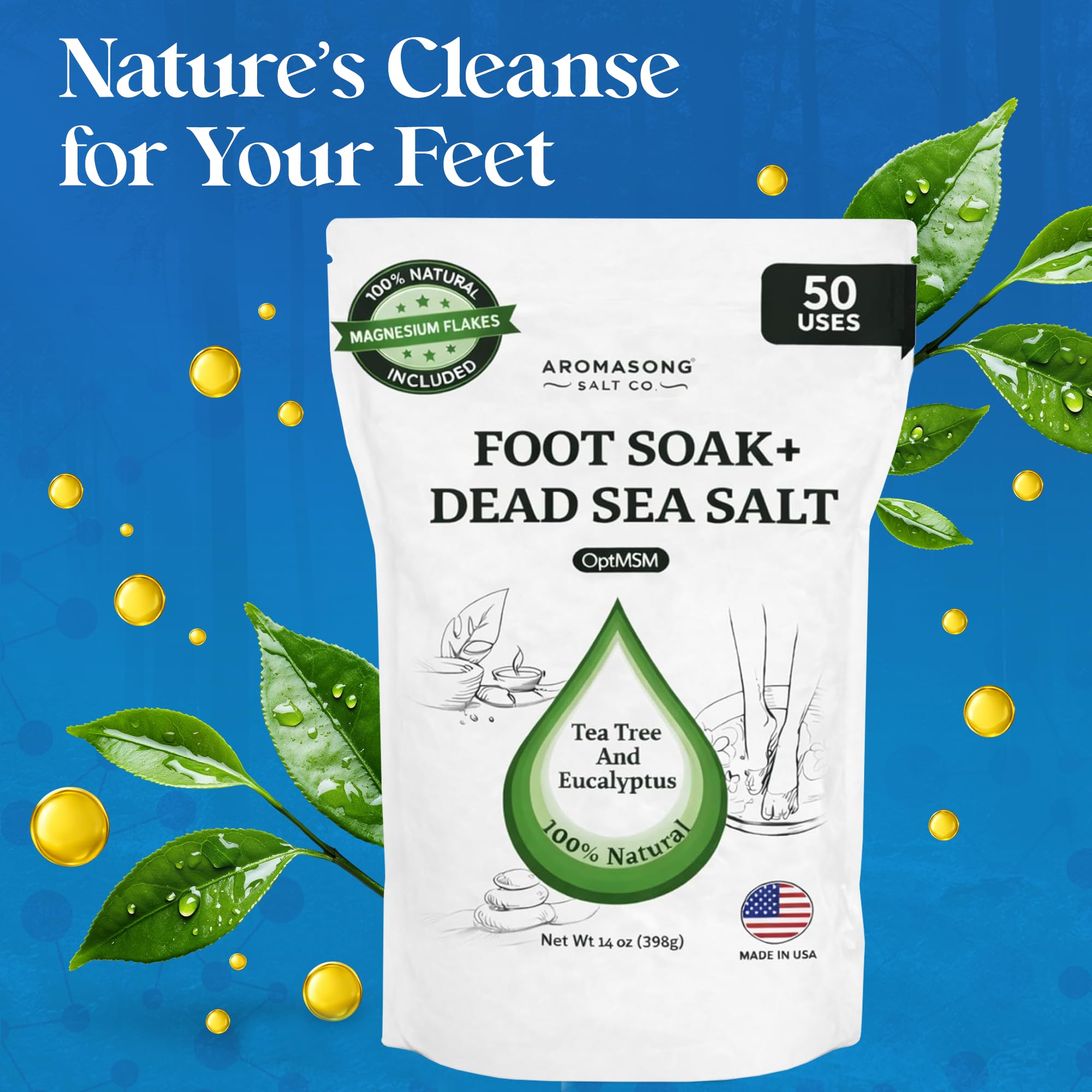 Aromasong Tea Tree Foot Soak 14 Ounce bag with text labels