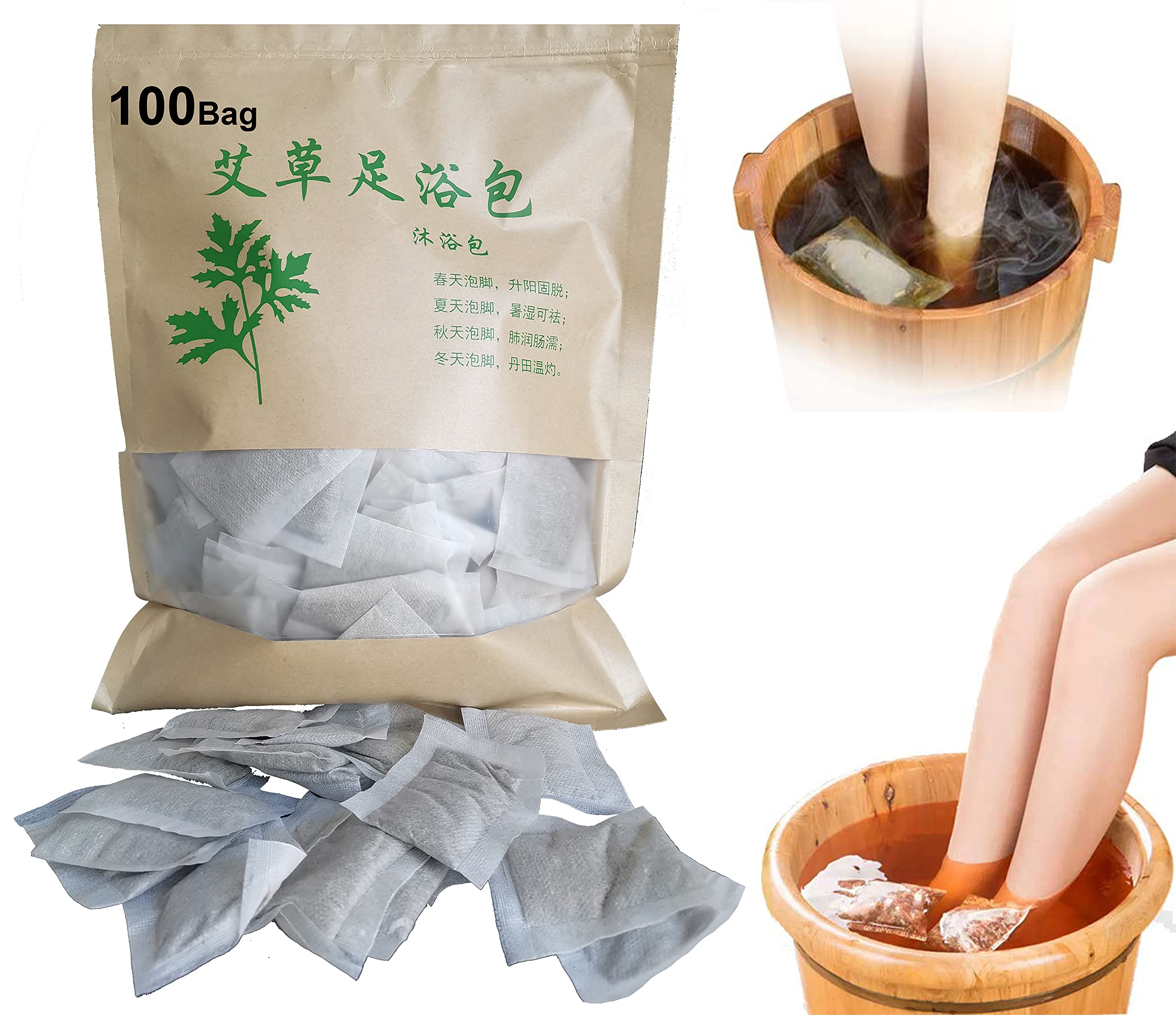 Individual herbal wormwood foot bath powder bags steeped in a hot spa basin.