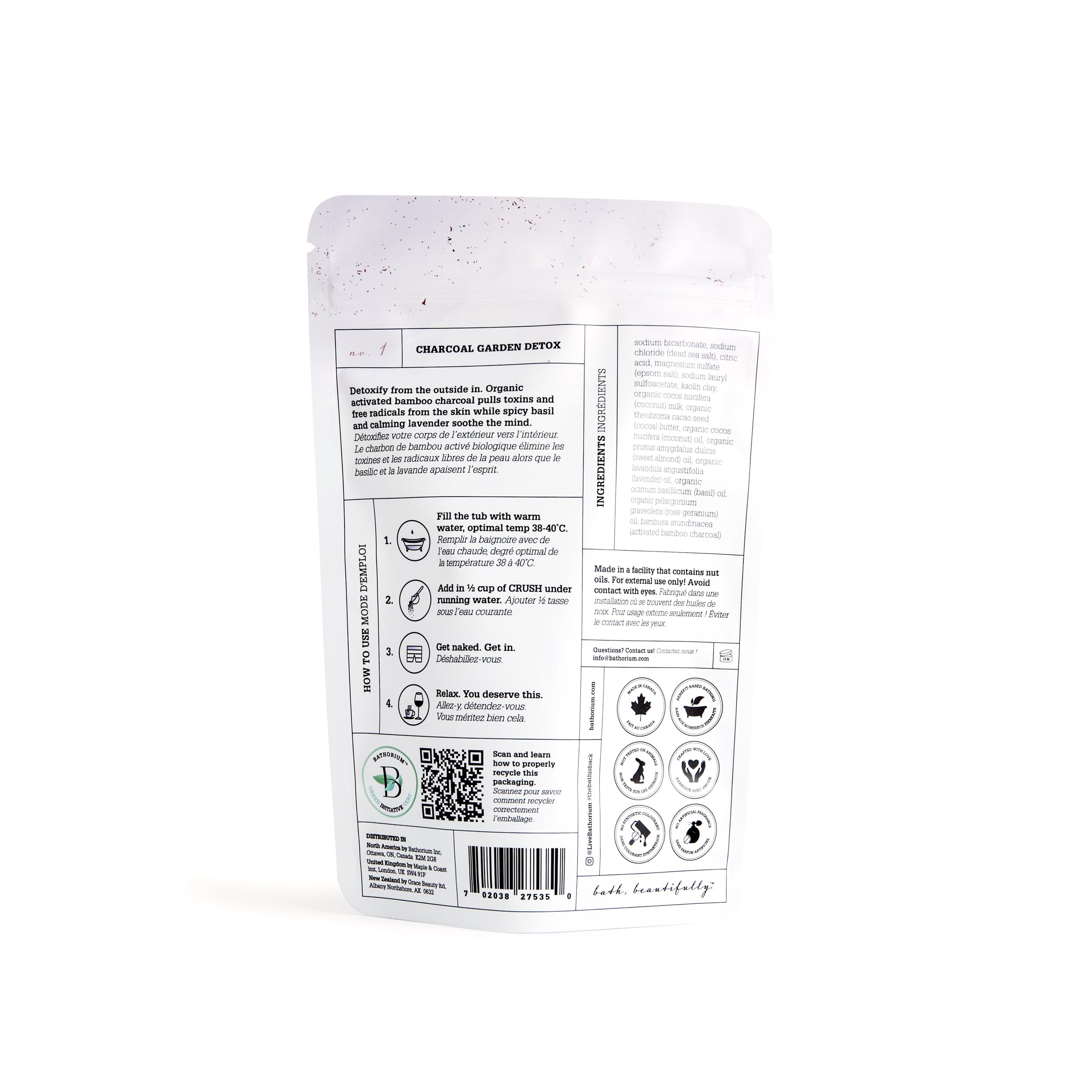 Activated charcoal and eucalyptus bath soak product label