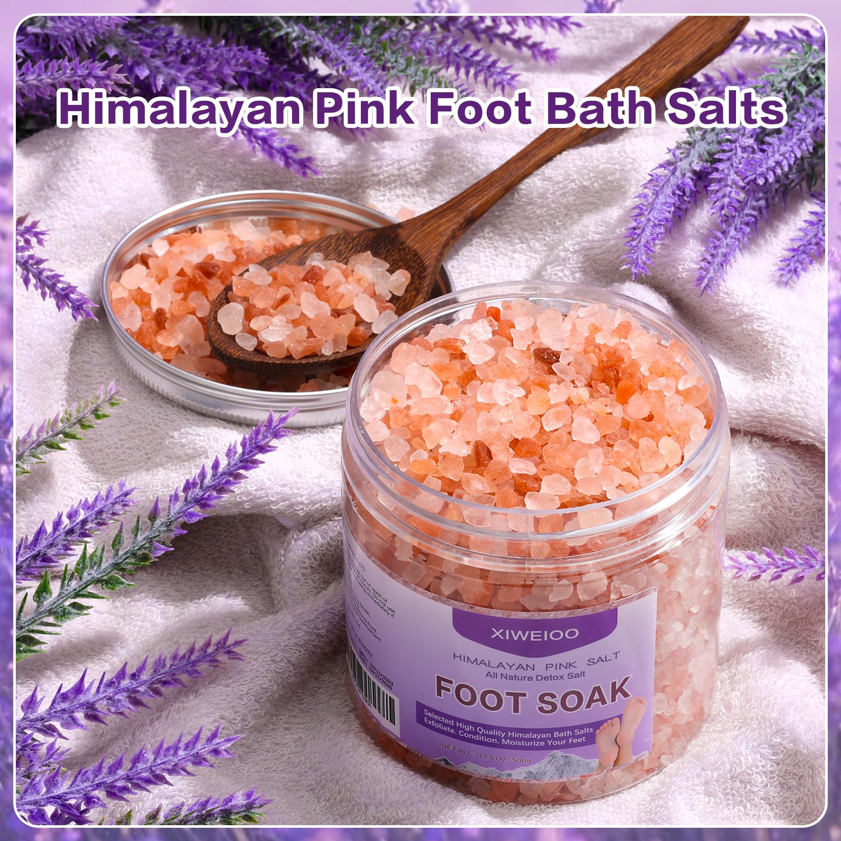 Xiweioo foot soak salt packaging showing tea tree and lavender