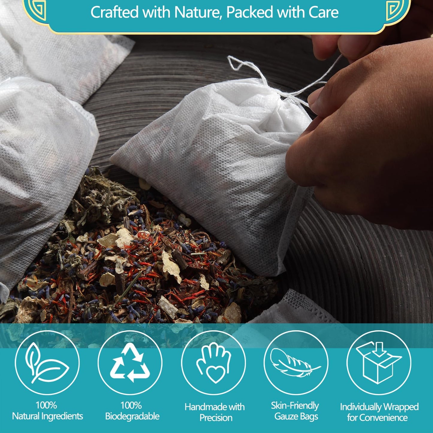 Relaxing foot bath preparation with warm water and herbal sachet