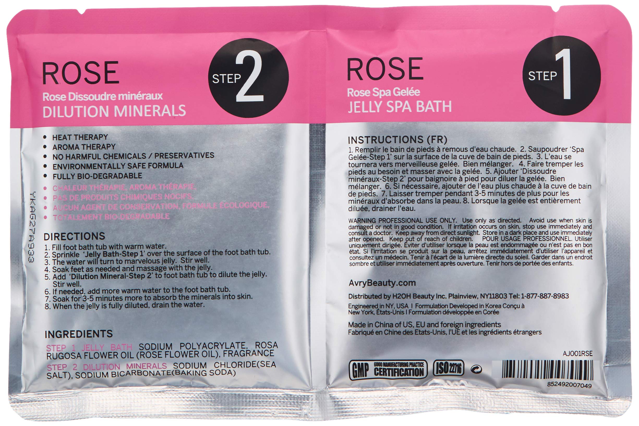 AvryBeauty Rose Jelly Spa two-step packets highlighting Step one jelly bath and Step two dilution minerals
