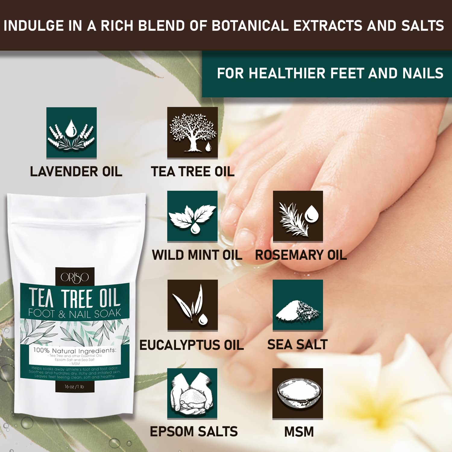 Ingredients label of Oriso Tea Tree Oil Foot Soak