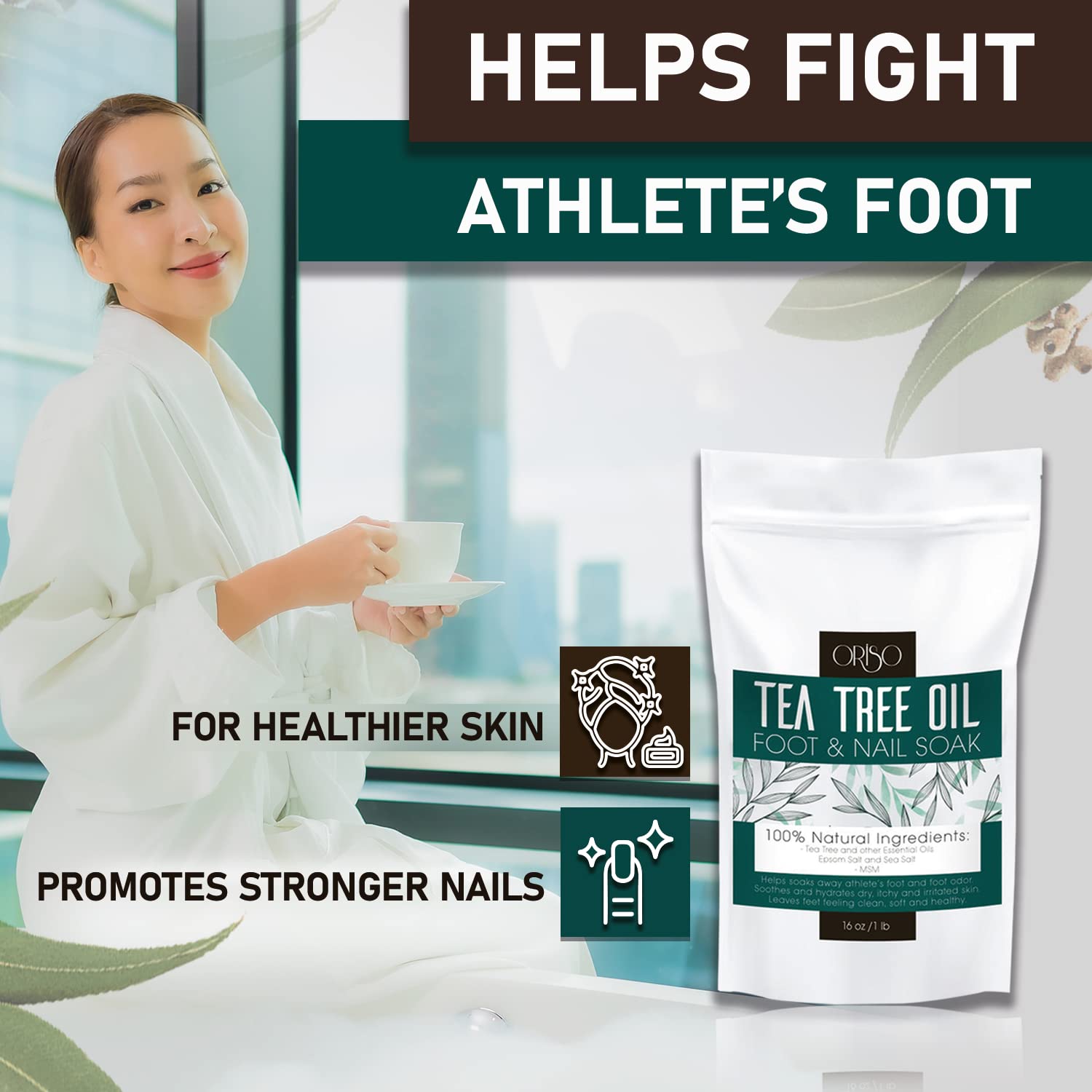 Person using Oriso Tea Tree Oil Foot Soak in a basin