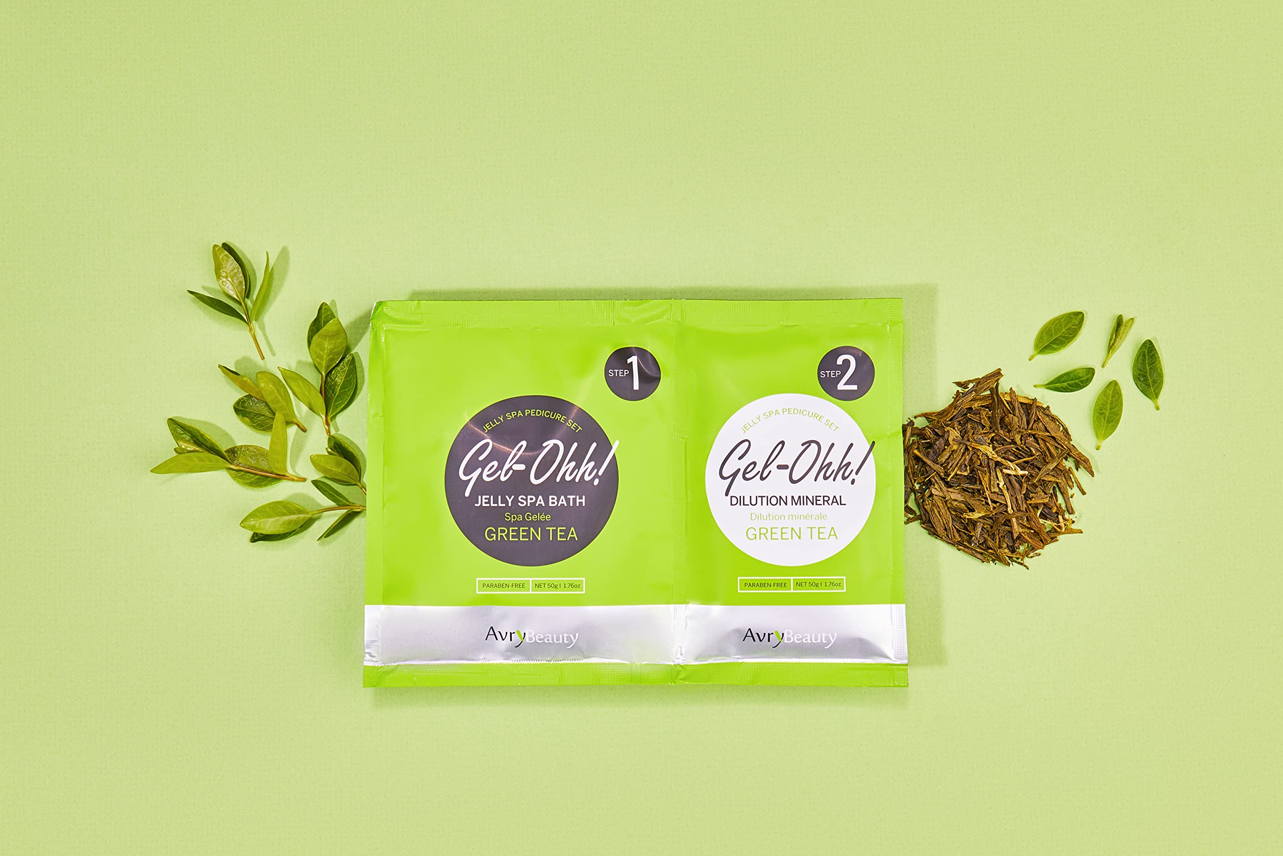 Close up of Avrybeauty Green Tea Jelly Spa Pedicure powder packets