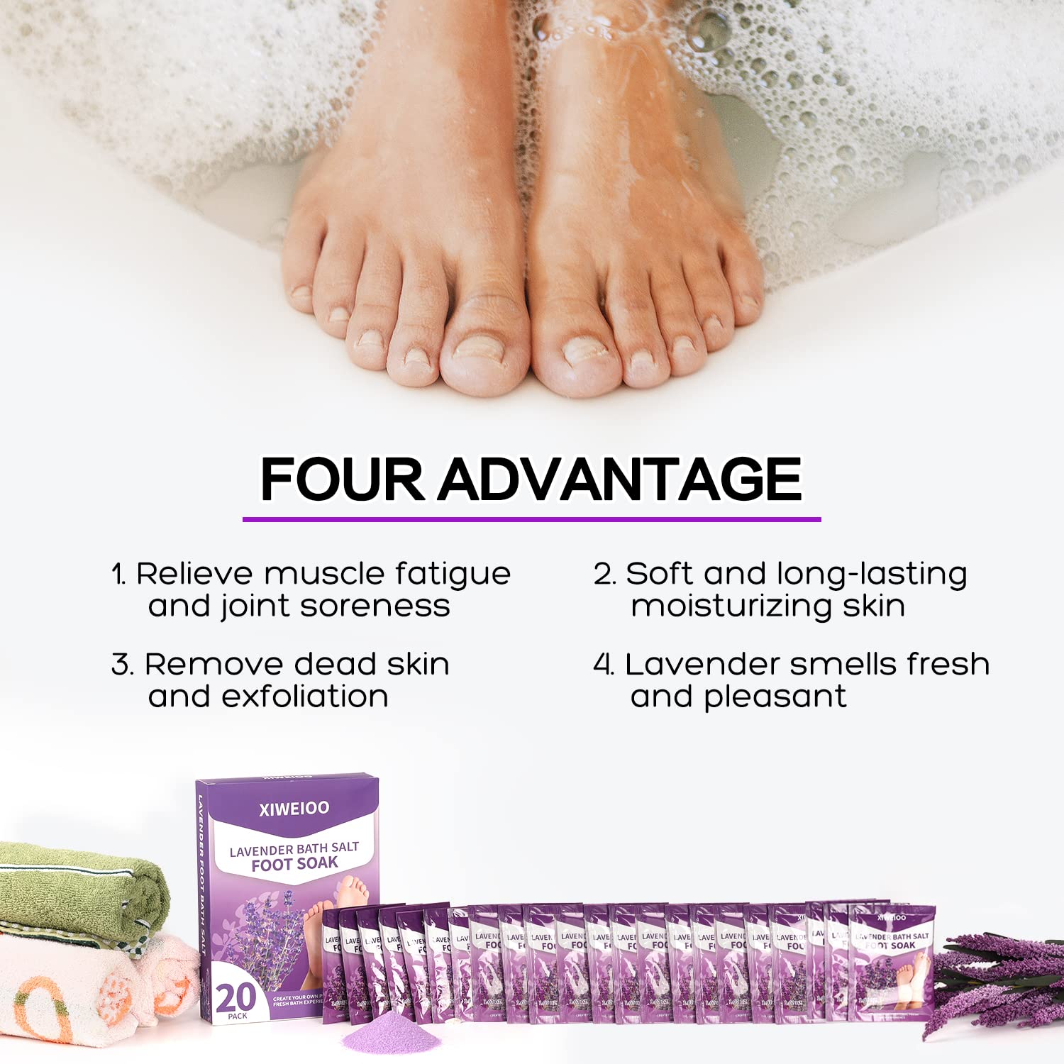 Person soaking feet in water using Xiweioo salt kit