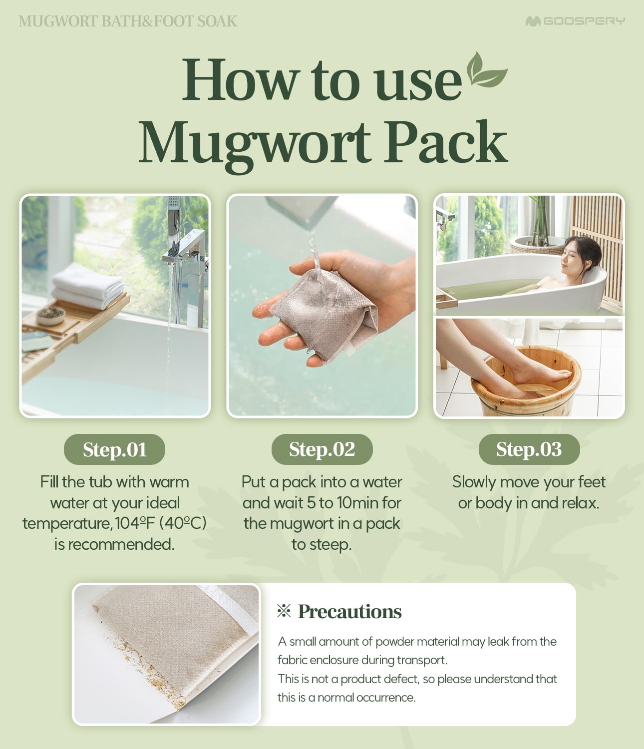 Top view of Goospery mugwort bath soak pouch set