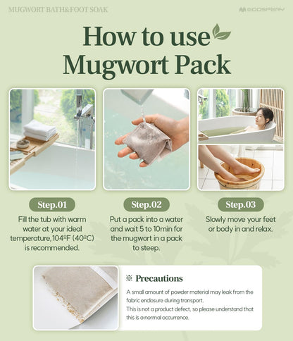 Top view of Goospery mugwort bath soak pouch set