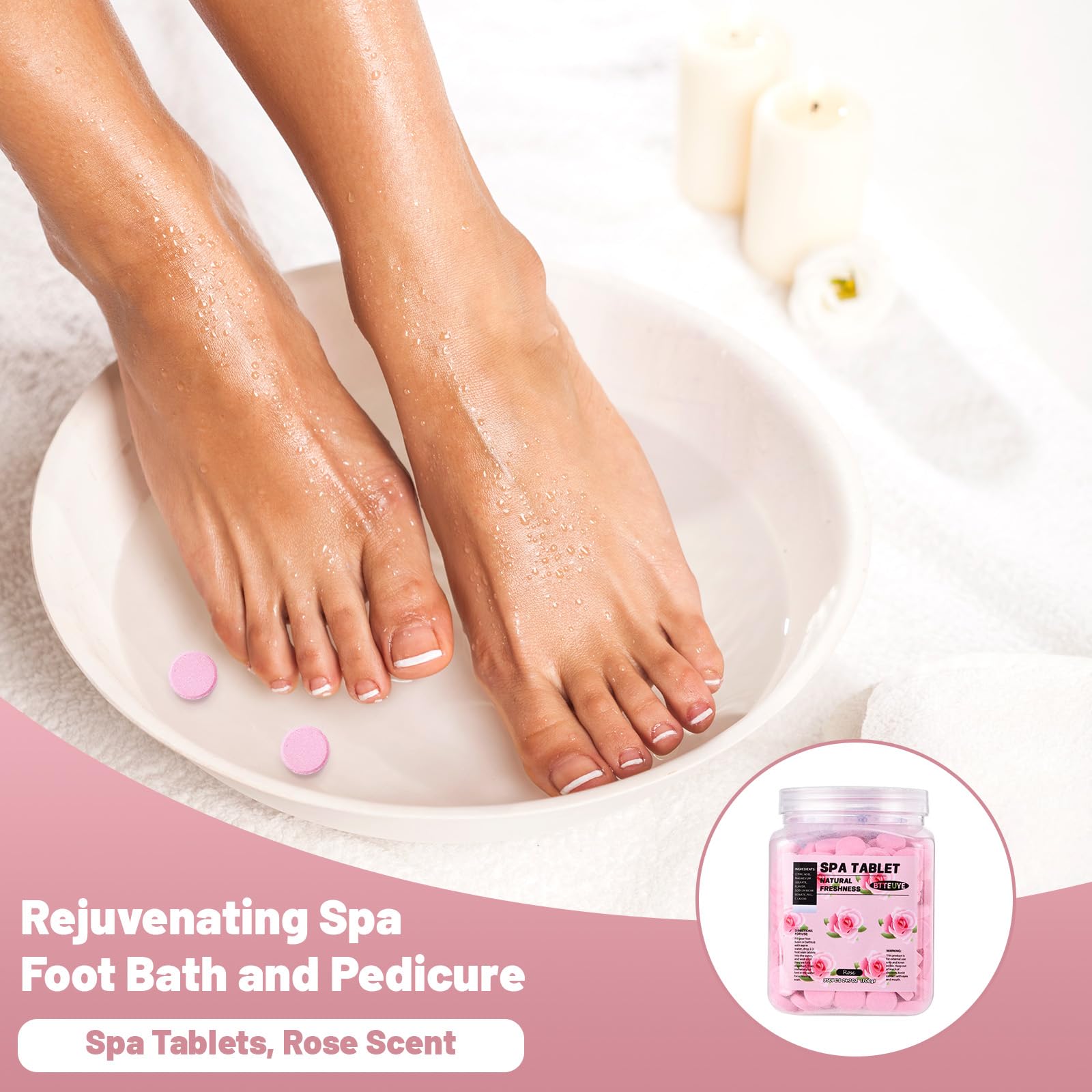 Close up of rose scented foot soak tablets for callus removal