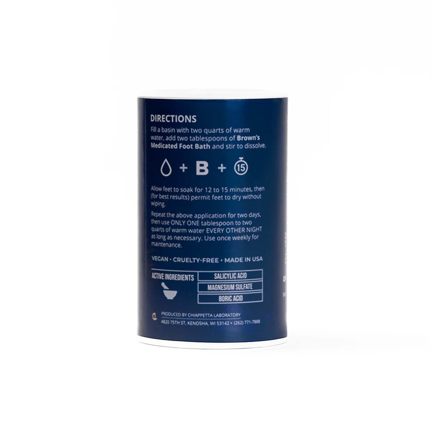 Brown's Foot Bath powder container displaying the directions for treating corns and calluses.