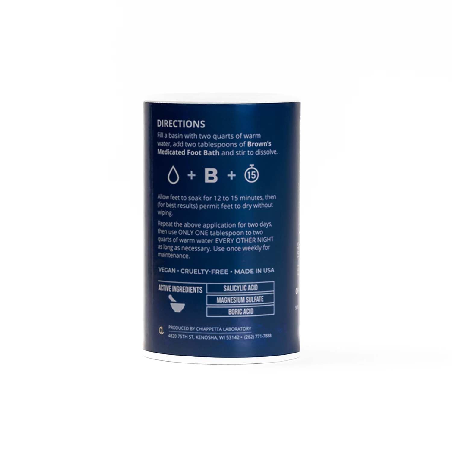Brown's Foot Bath powder container displaying the directions for treating corns and calluses.