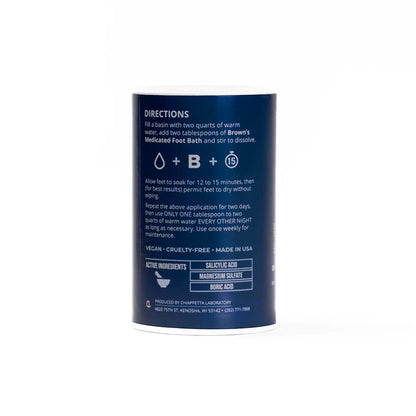 Brown's Foot Bath powder container displaying the directions for treating corns and calluses.