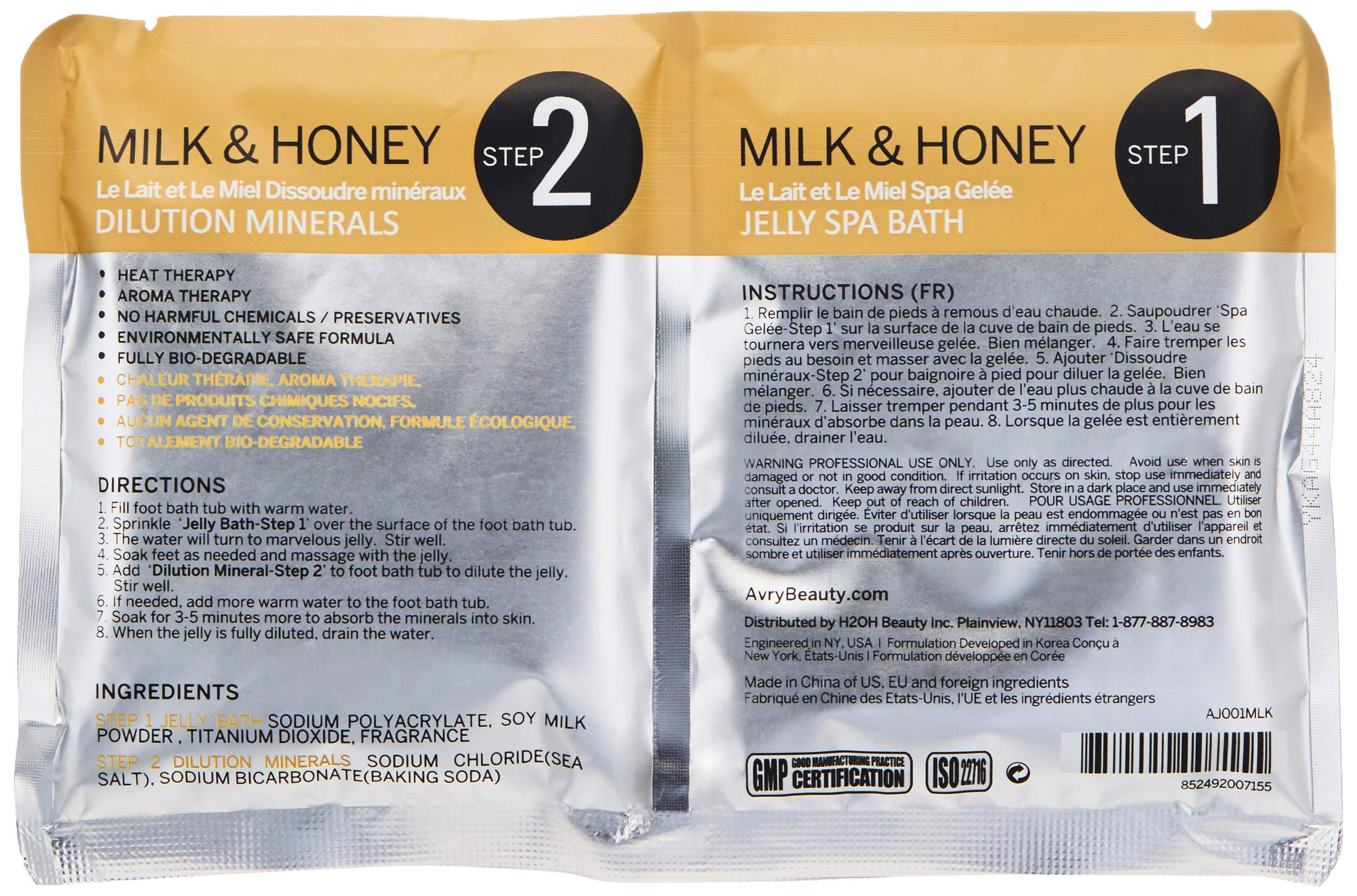 AvryBeauty foot spa jelly pedicure treatment packets detailing the step one gel powder and step two dilution minerals.