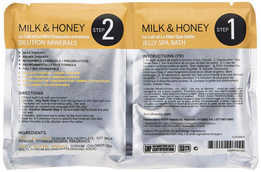 AvryBeauty foot spa jelly pedicure treatment packets detailing the step one gel powder and step two dilution minerals.