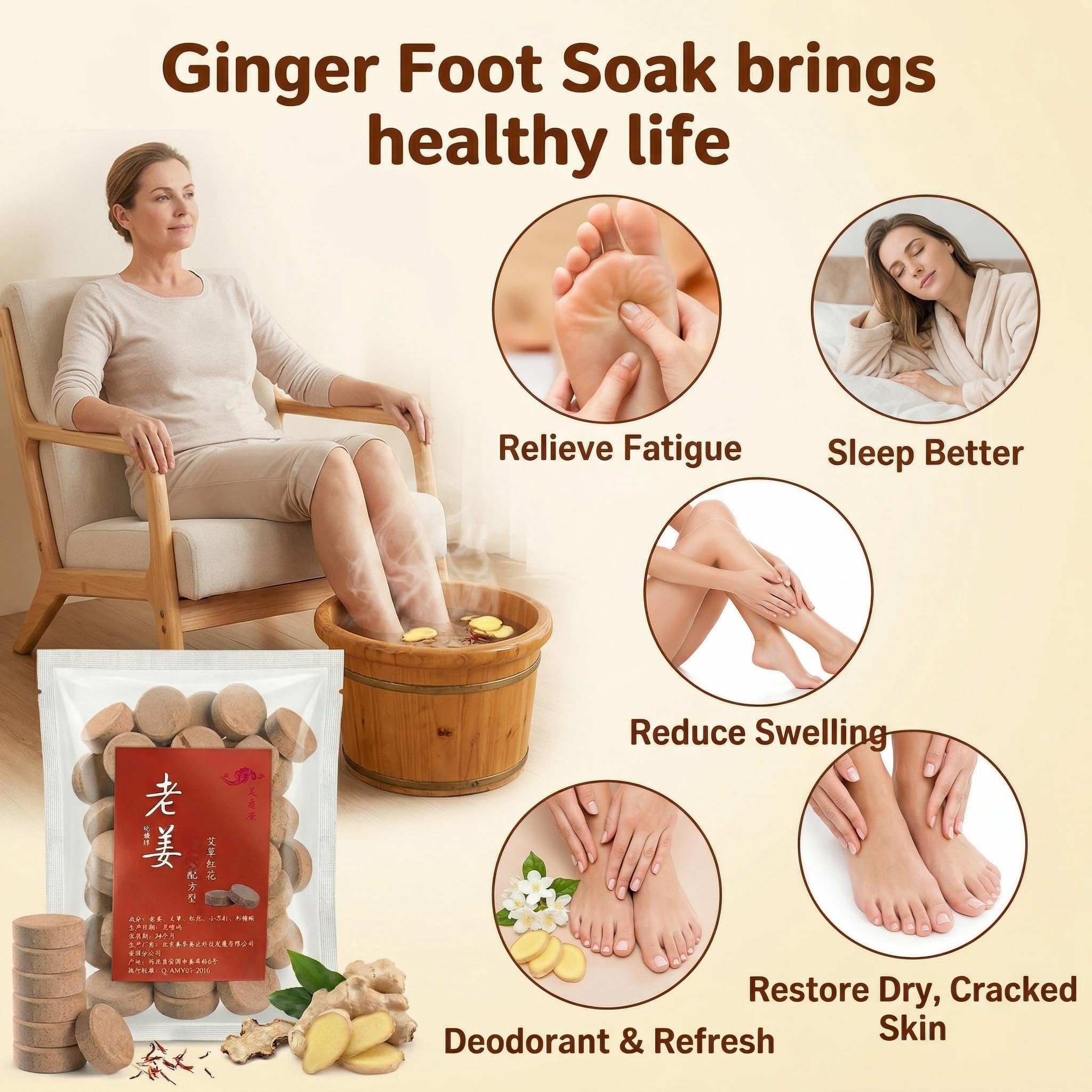 Close up of Fomiyes ginger foot care tablets packaging