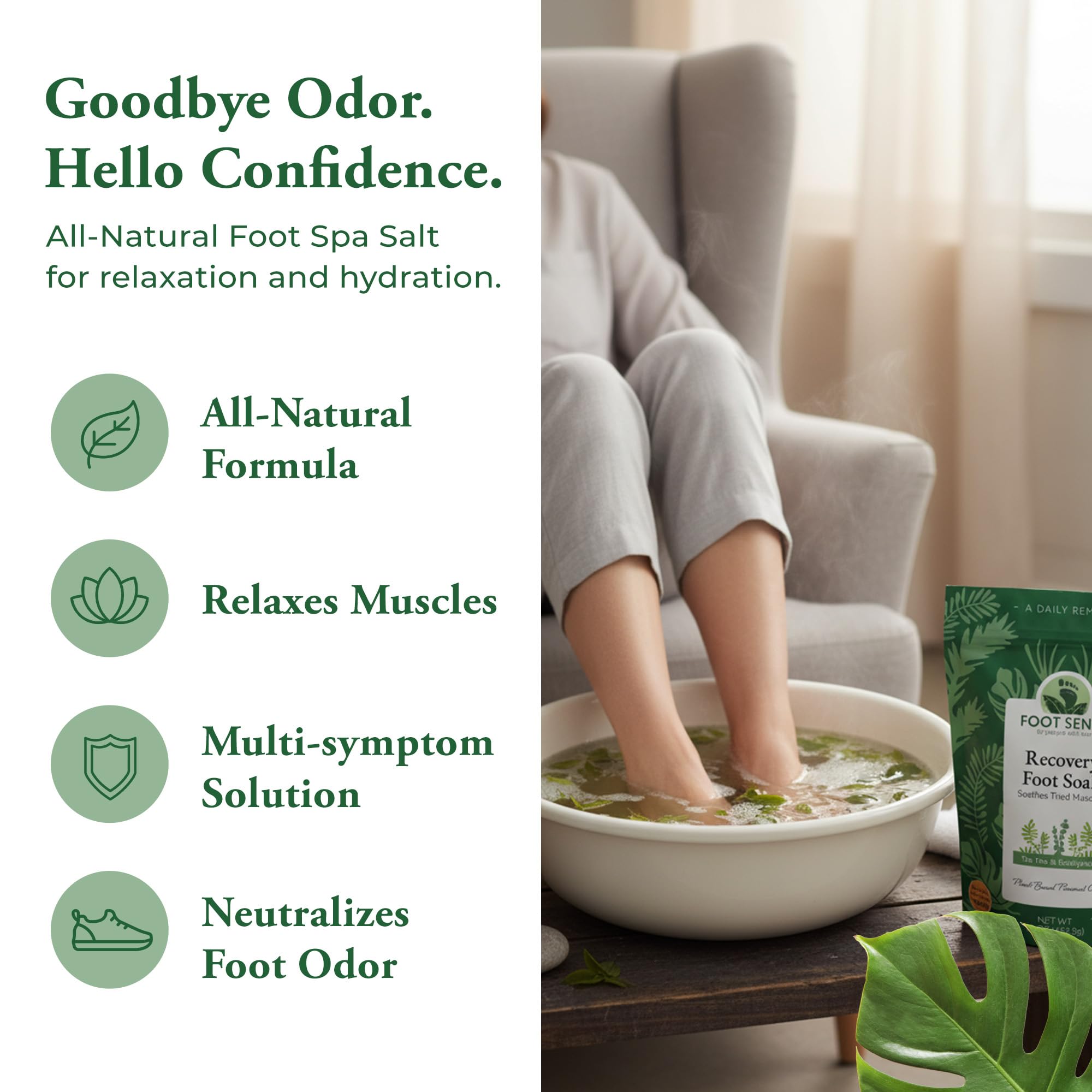 Foot Sense natural foot recovery soak 16 ounce bottle showing ingredients label