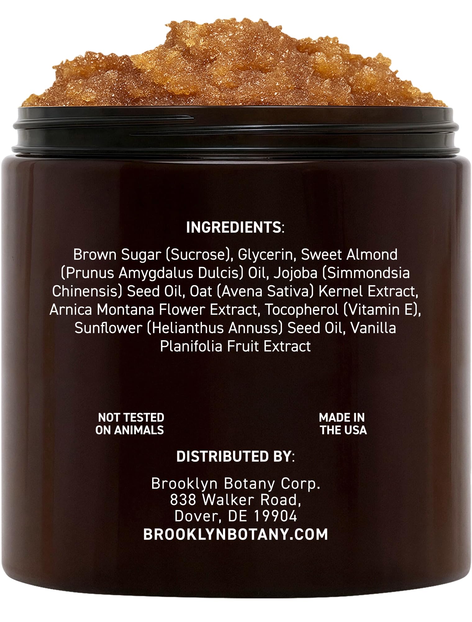 Back label of Brooklyn Botany face and body scrub detailing the premium USA imported ingredients.