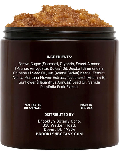 Back label of Brooklyn Botany face and body scrub detailing the premium USA imported ingredients.