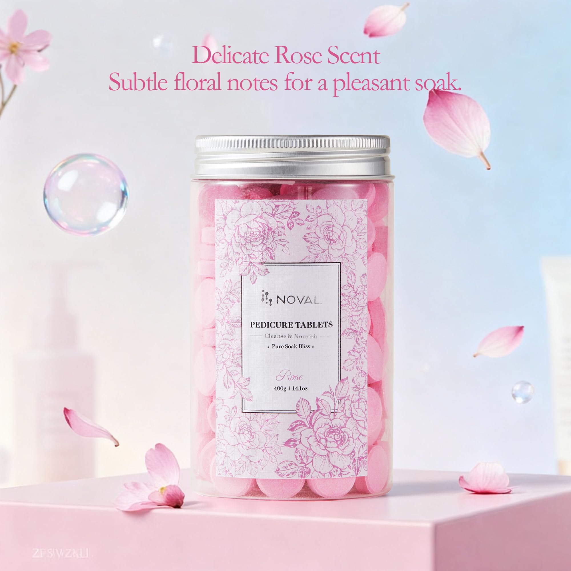 Text on Noval foot soak packaging highlighting spa benefits