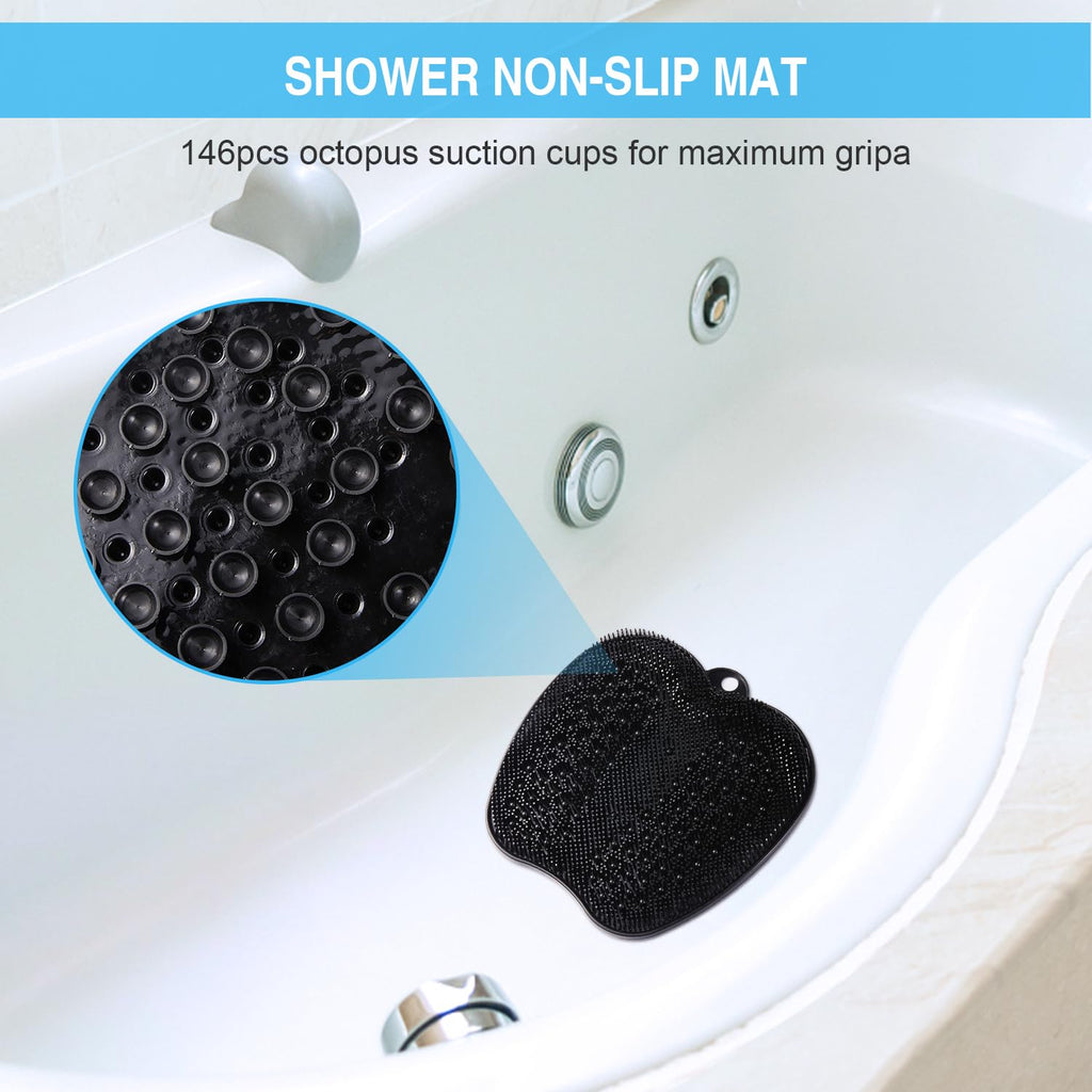 Hanging hole feature of the black rubber shower foot care mat.