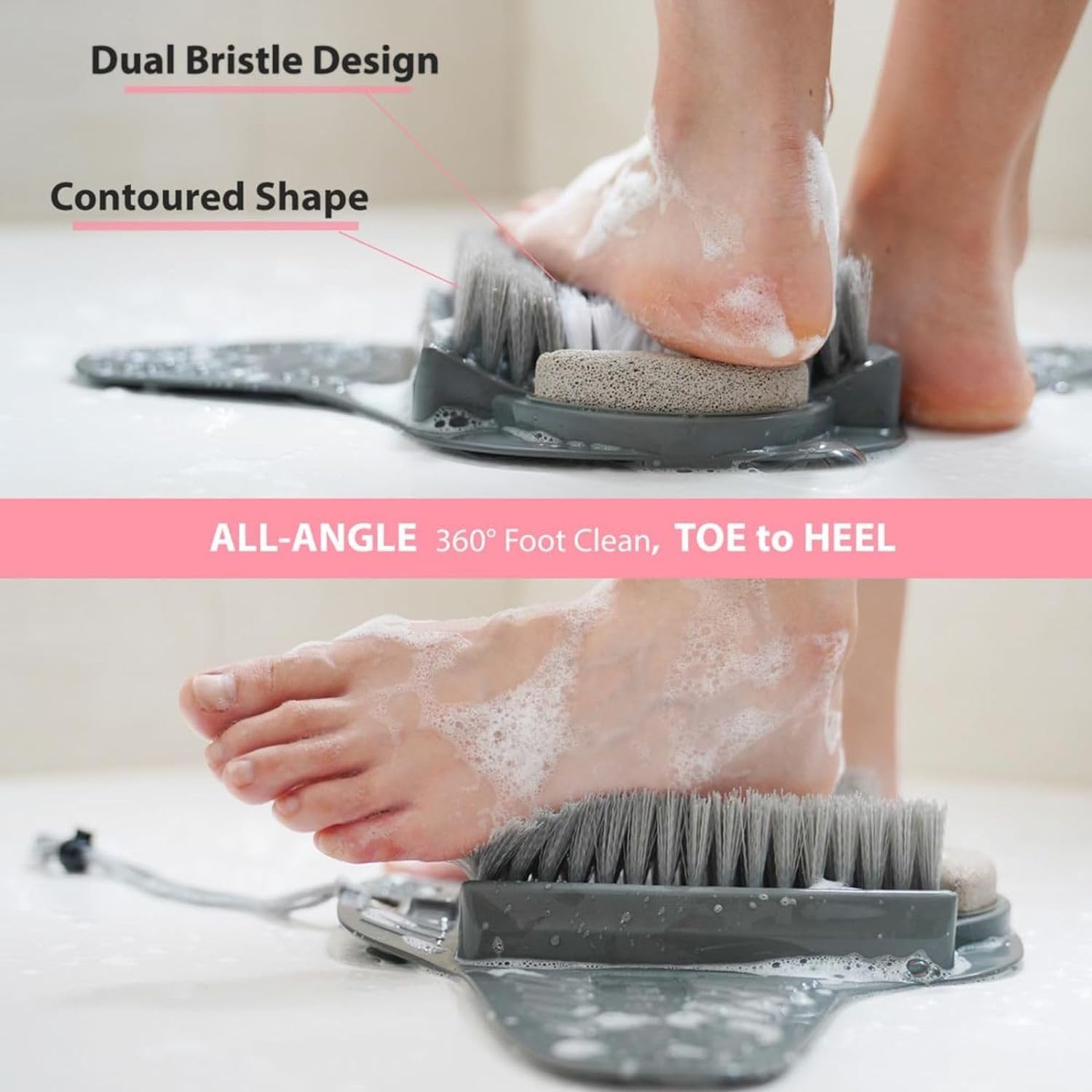 Person using Efforest shower foot scrubber mat without bending