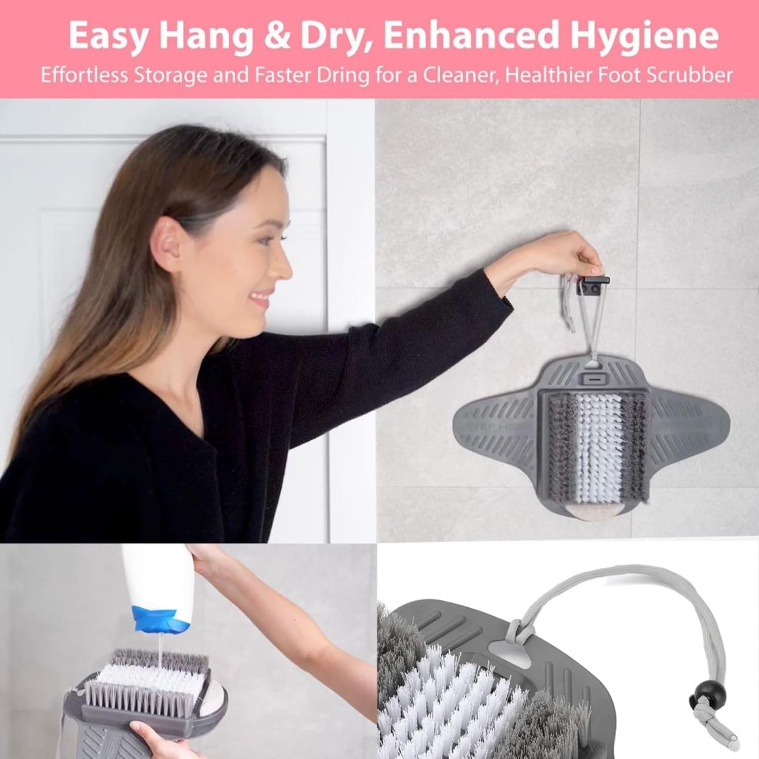 Efforest shower foot mat hanging on a wall hook for storage