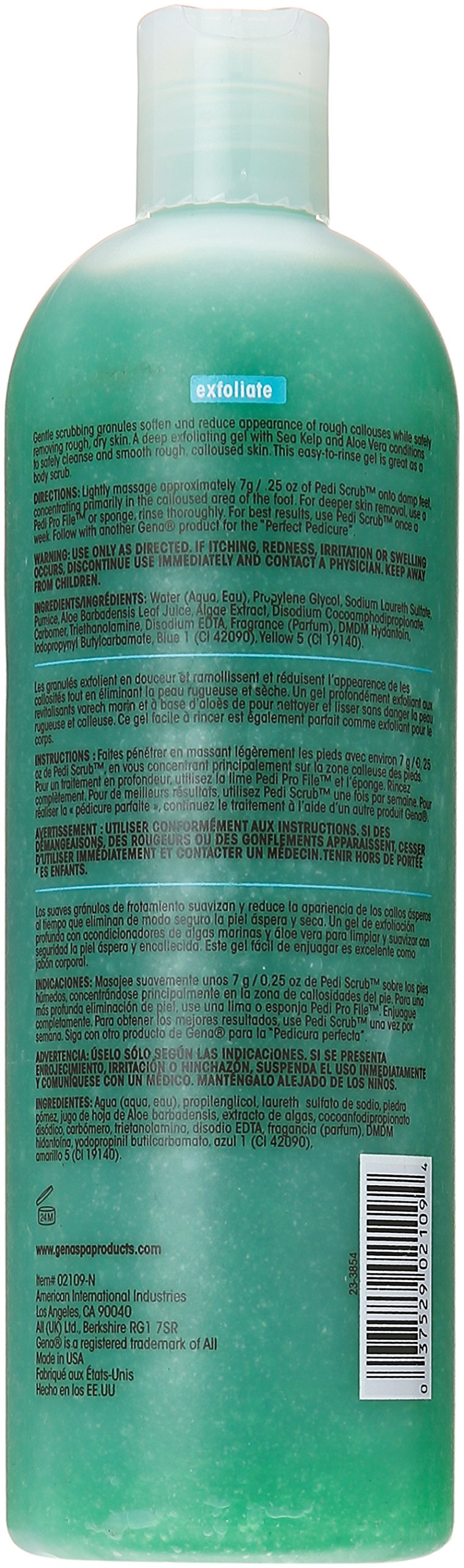 Close up of the back label on the 16 Ounce Gena pedicure scrub gel bottle outlining ingredients and directions.