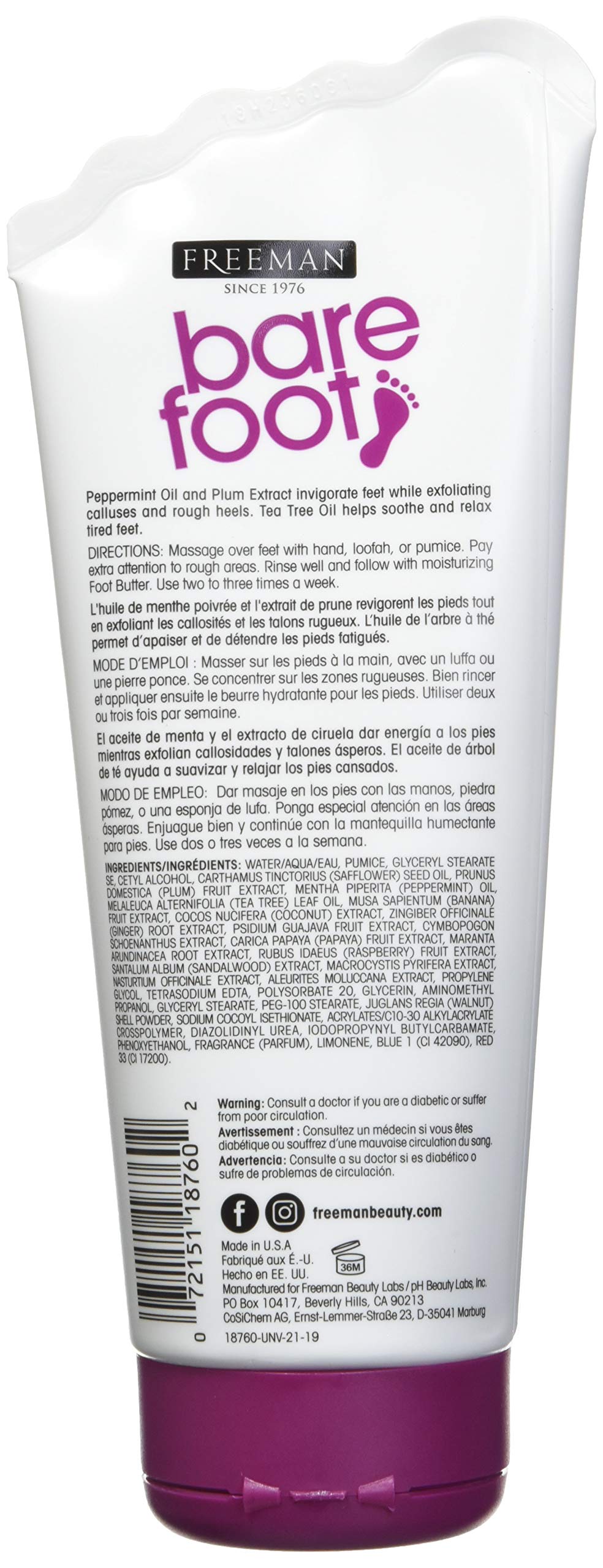 Freeman 5.3 Ounce creamy pumice foot scrub tube showing product details