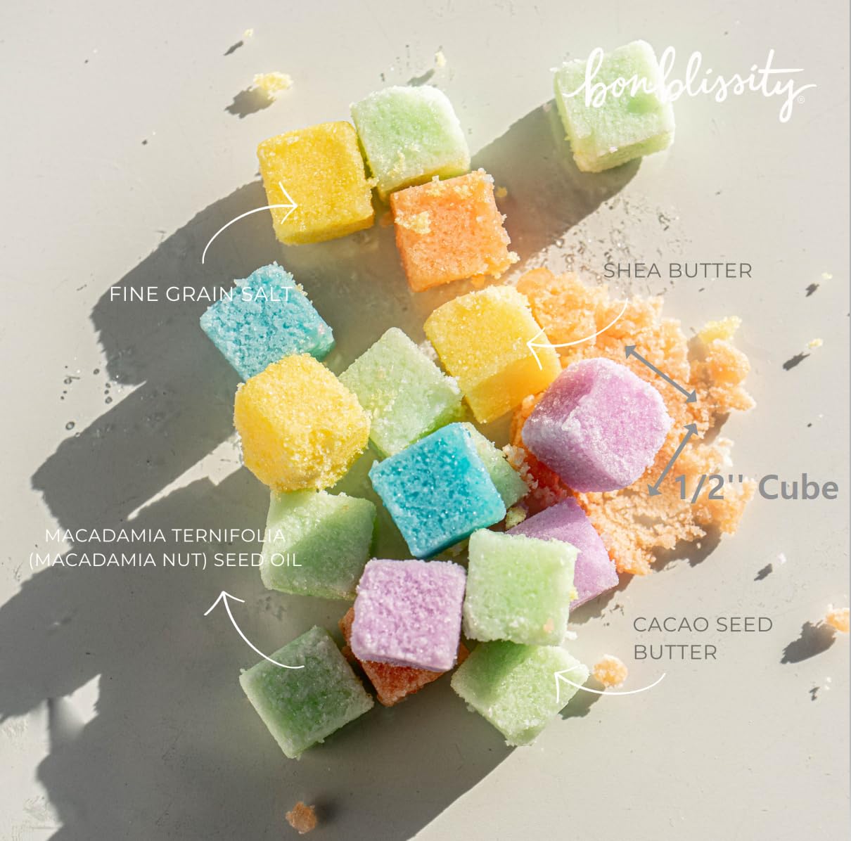 Close up of individually wrapped Bonblissity sugar cube scrub