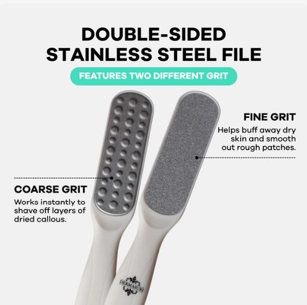 Close up of Dermasuri reusable stainless steel foot rasp