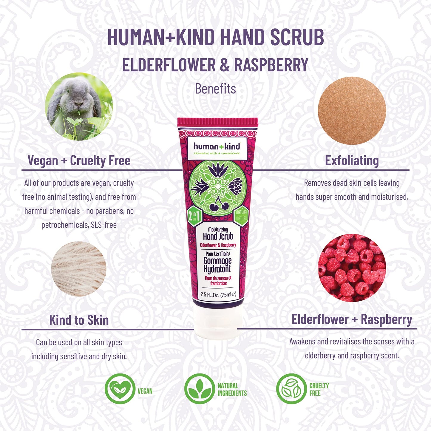 Human+Kind hand scrub texture showing natural raspberry seeds