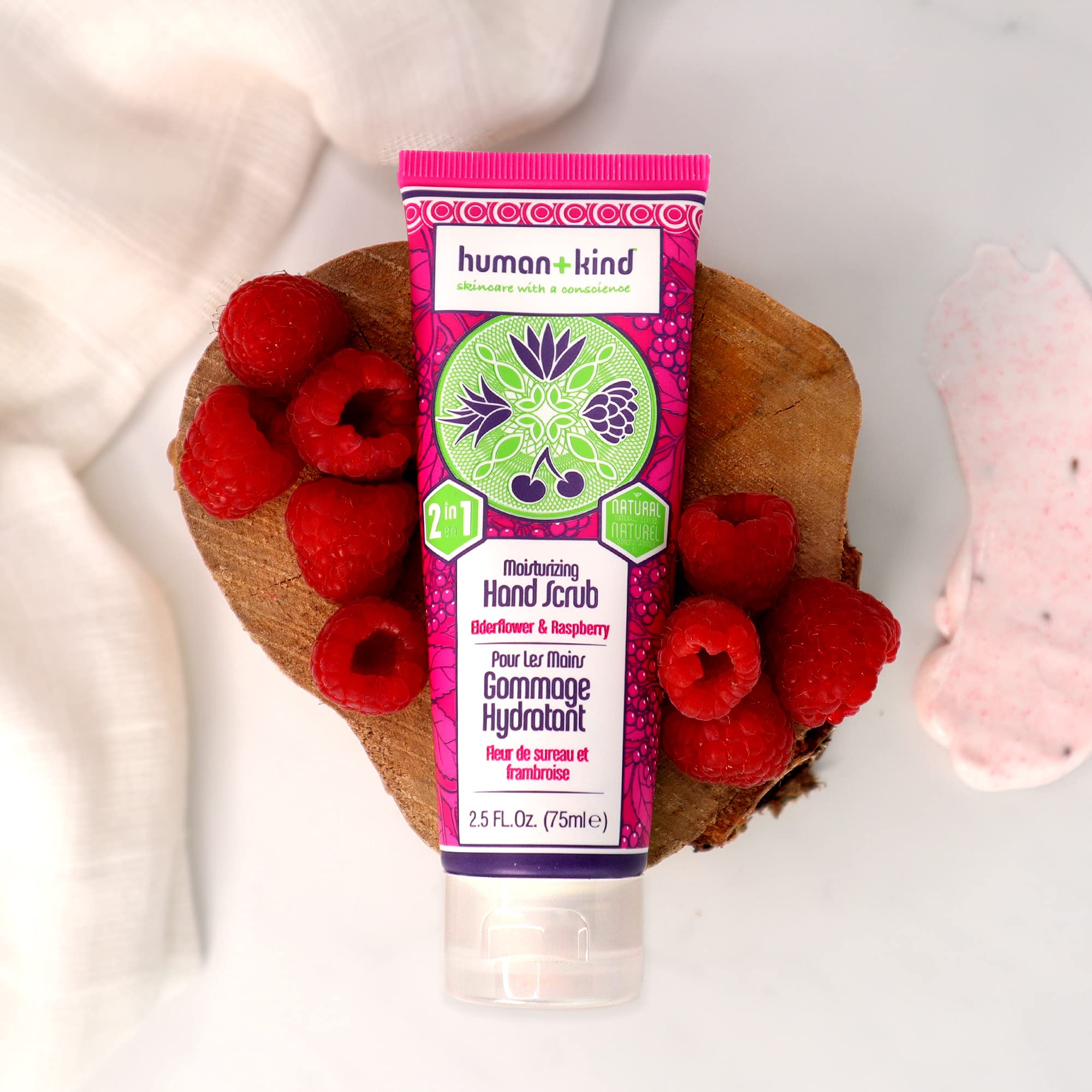 Human+Kind hand scrub packaging showing 2.5 fluid ounce size