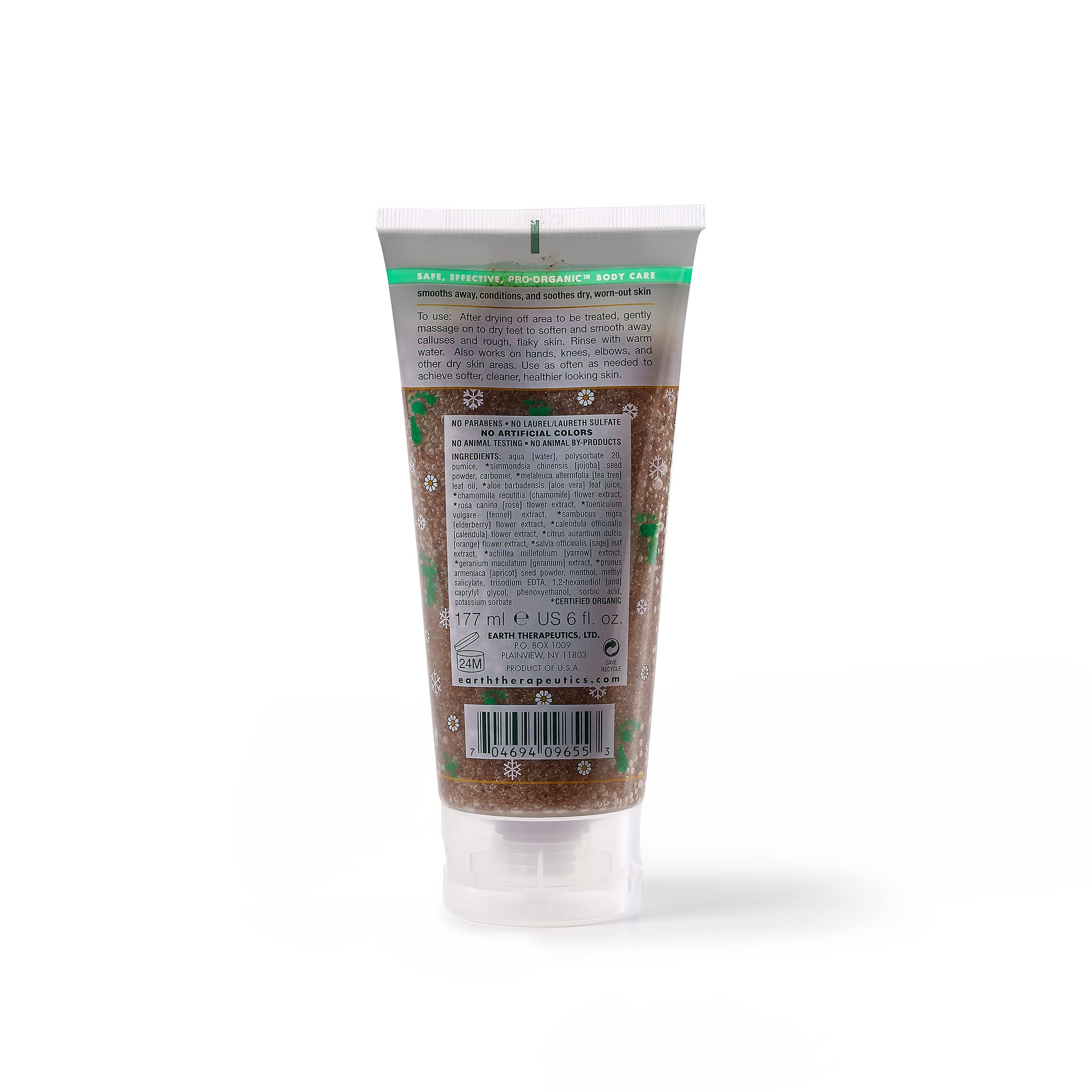 Earth Therapeutics foot scrub tube highlighting tea tree oil and pumice granules ingredients.