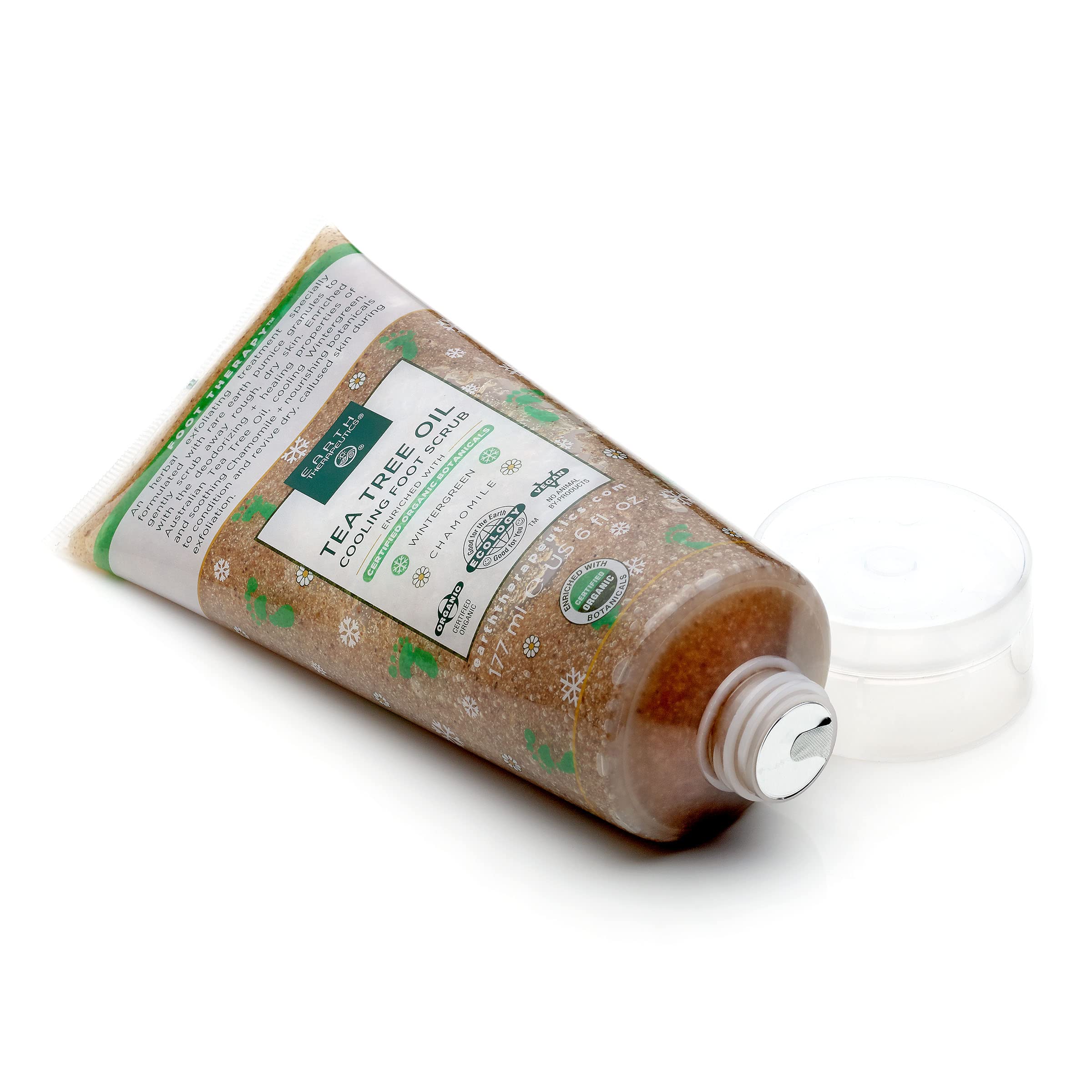 Back label of Earth Therapeutics Cooling Foot Scrub with product information and usage details.