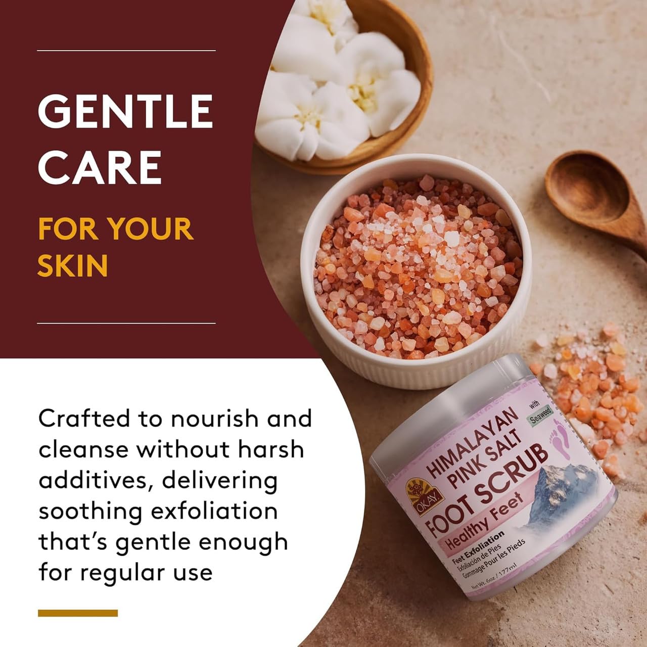 Authentic USA imported OKAY Himalayan pink salt foot exfoliator jar packaging.