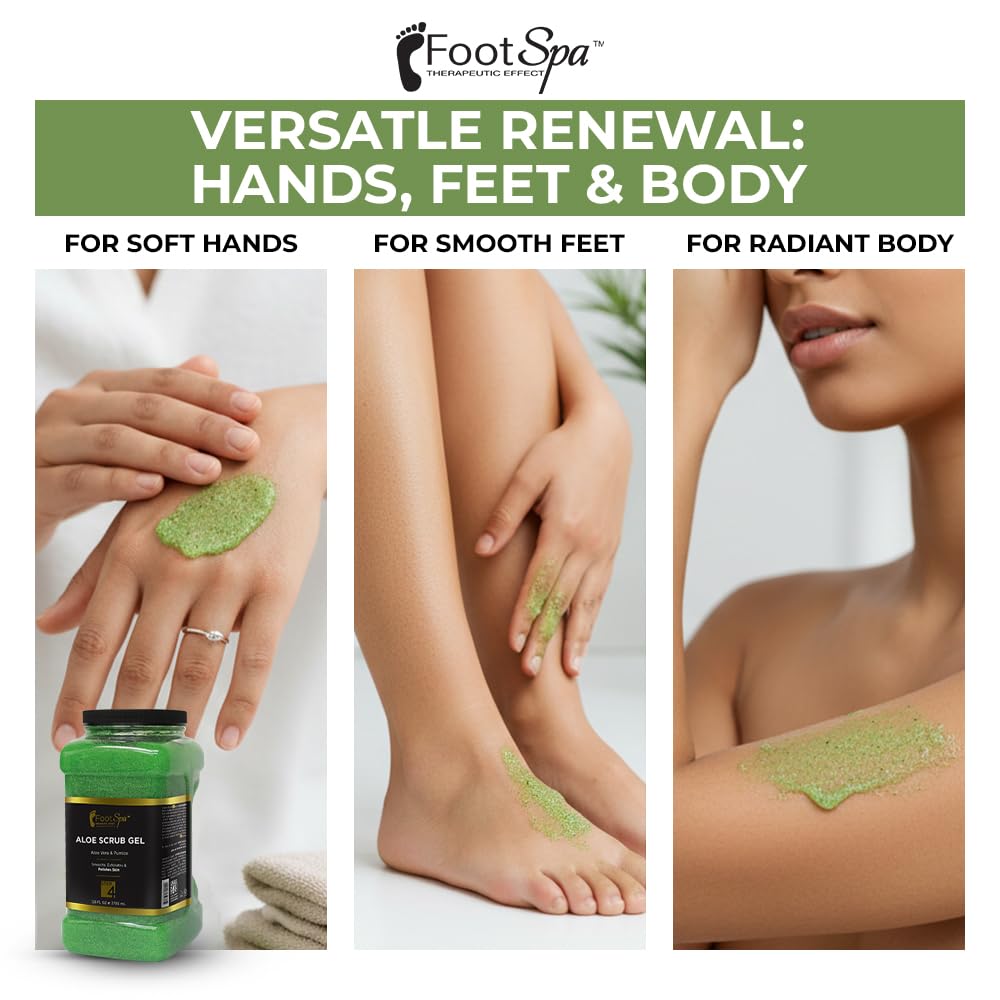 FootSpa body scrub gel texture showing fine pumice exfoliating particles