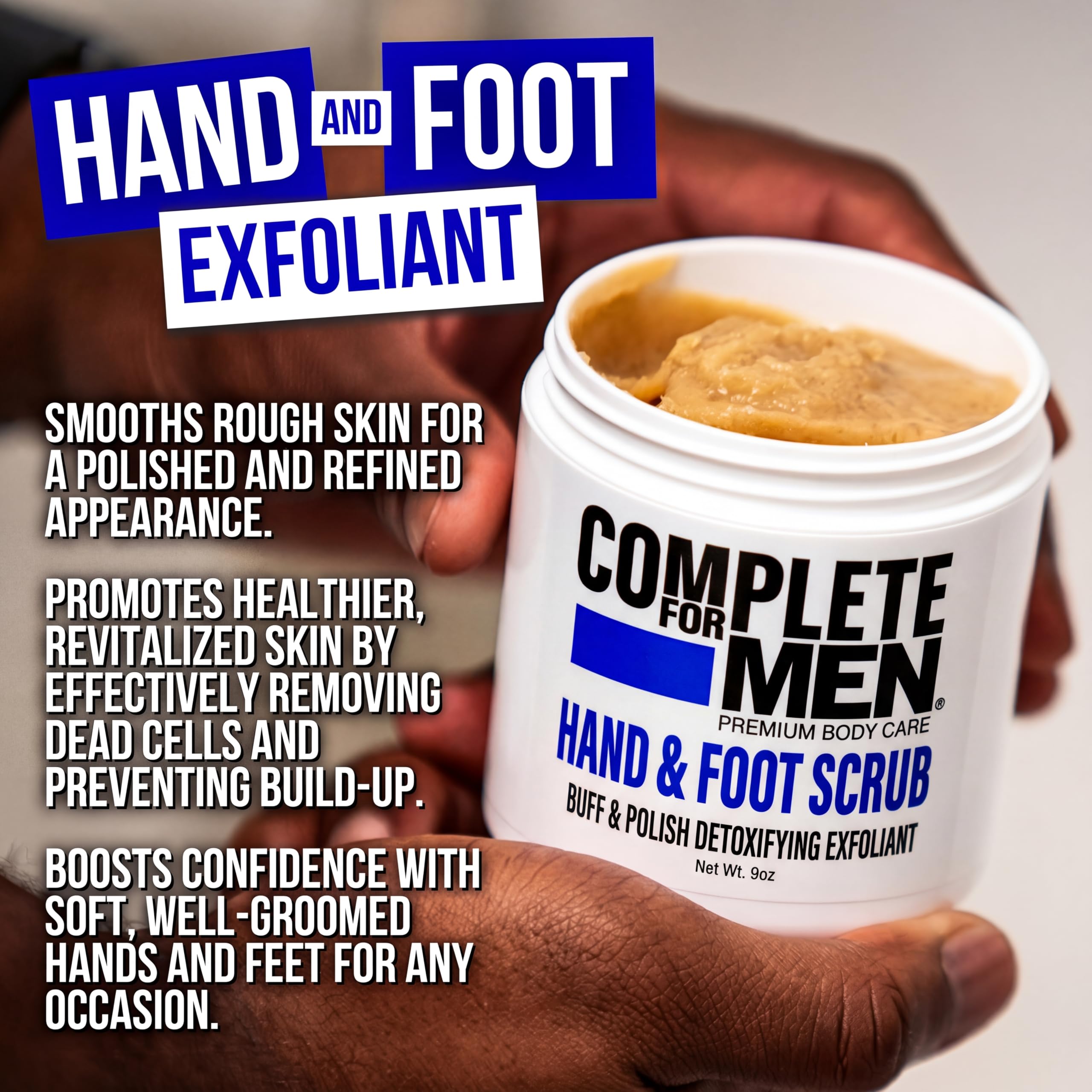 Man applying Complete For Men exfoliating scrub to hands