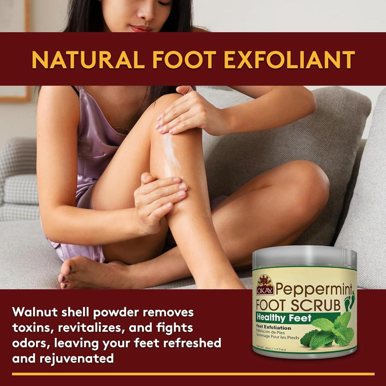 OKAY cooling peppermint foot exfoliator packaging details showing natural walnut powder benefits.