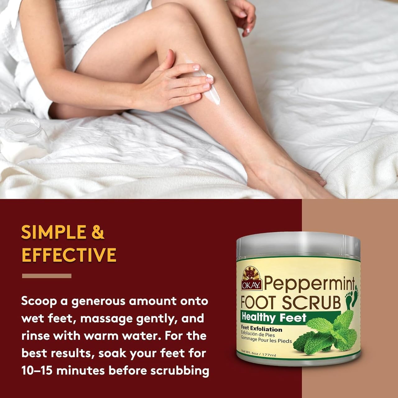 Back label view of OKAY deep exfoliating foot scrub with usage instructions.