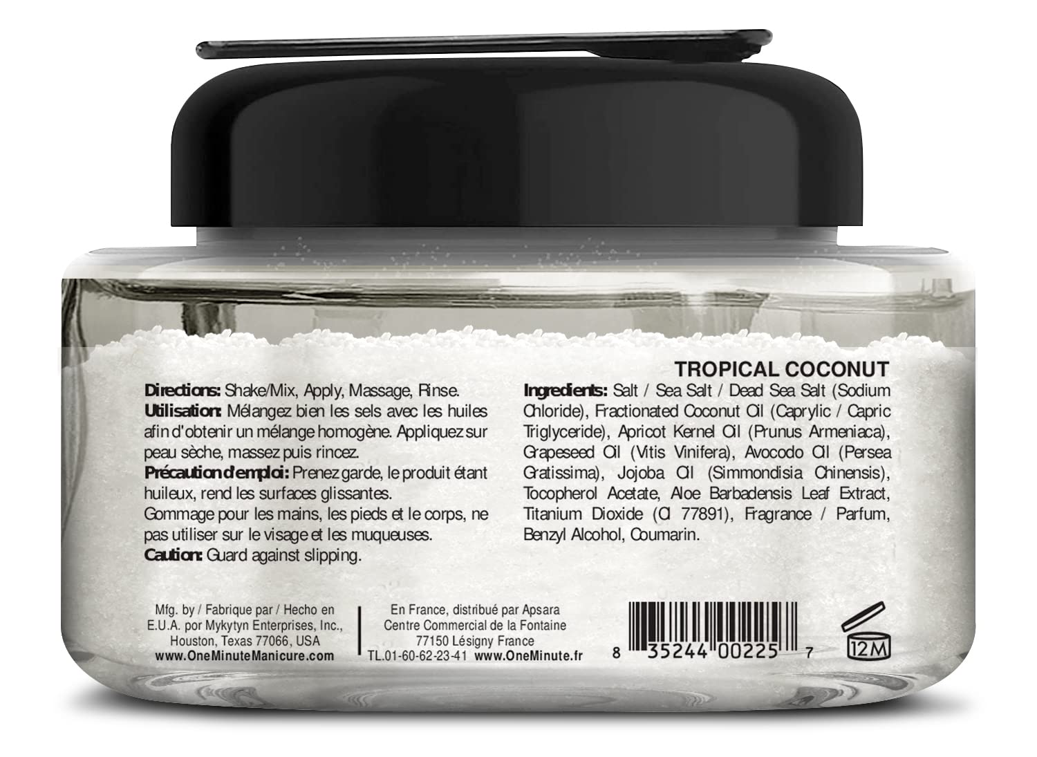 Open jar view of the 13 Ounce Dead Sea mineral salt and botanical oil spa treatment for body care.