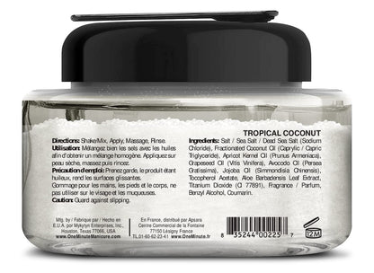 Open jar view of the 13 Ounce Dead Sea mineral salt and botanical oil spa treatment for body care.