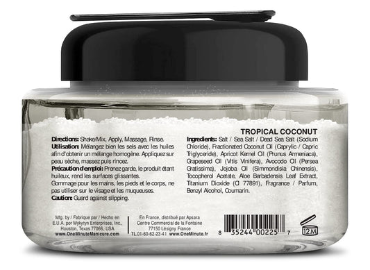 Open jar view of the 13 Ounce Dead Sea mineral salt and botanical oil spa treatment for body care.