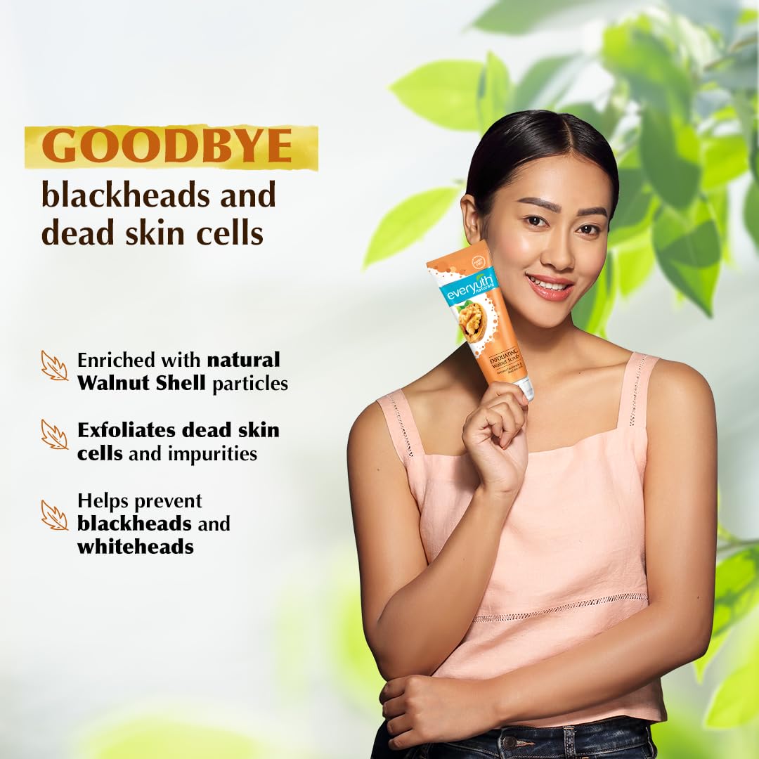 Everyuth walnut shell particles face exfoliator tube displaying product details and multi-vita benefits.
